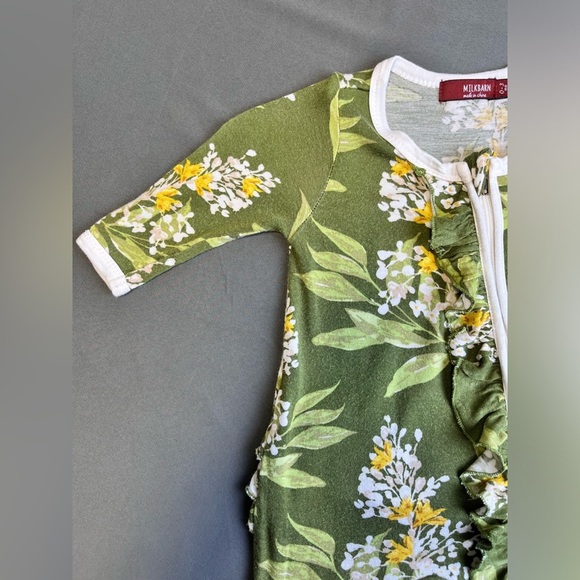 Milkbarn Green Floral Bamboo Ruffle Zipper Footed Romper size 0-3Months - Picture 5 of 11